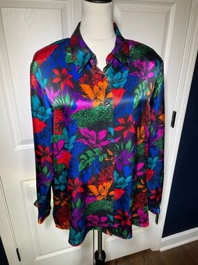 Vintage Notations Silk Vibrant Multicolor Floral & Tiger Button-Down Shirt Sz22W